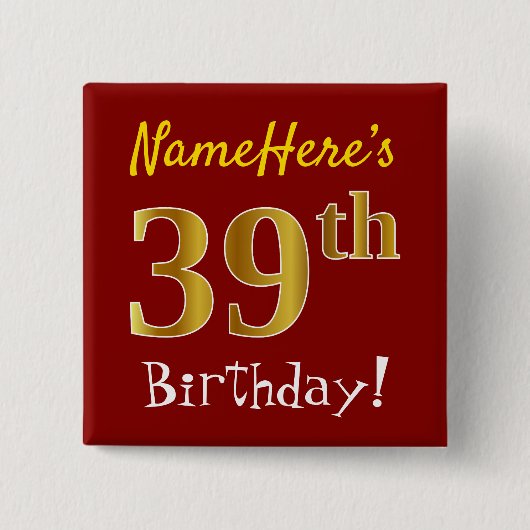 赤、フェイク金ゴールド39誕生日、名前をカスタムする付き 缶バッジ (正面)