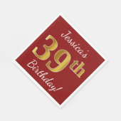 赤、フェイク金ゴールド39誕生日+名前をカスタムする スタンダードランチョンナプキン (角)