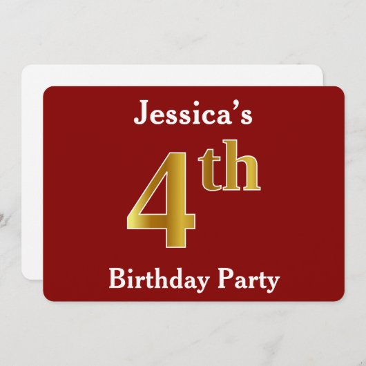 赤、フェイク金ゴールド4歳の誕生日パーティー+名前をカスタムする 招待状 (正面/裏面)