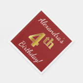 赤、フェイク金ゴールド4歳の誕生日+名前をカスタムする スタンダードランチョンナプキン (角)