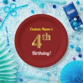 赤、フェイク金ゴールド4歳の誕生日+名前をカスタムする ペーパープレート (パーティー)