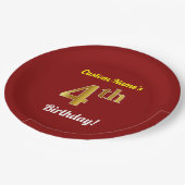 赤、フェイク金ゴールド4歳の誕生日+名前をカスタムする ペーパープレート (アングル)