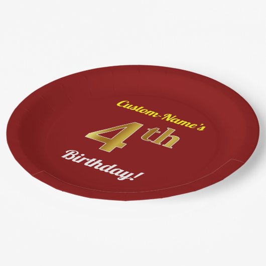 赤、フェイク金ゴールド4歳の誕生日+名前をカスタムする ペーパープレート (アングル)