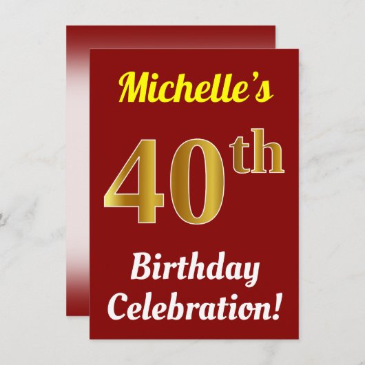 赤、フェイク金ゴールド40歳の誕生日お祝い+名前 招待状 (正面/裏面)