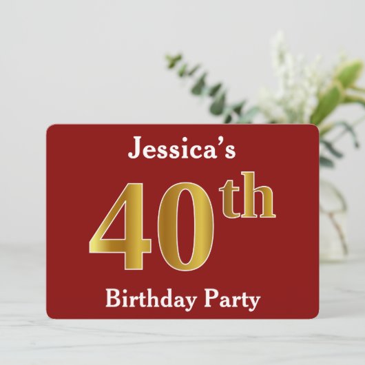 赤、フェイク金ゴールド40歳の誕生日パーティー+名前をカスタムする 招待状 (スタンド正面)