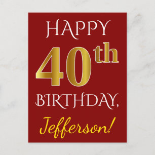 赤、フェイク金ゴールド40歳の誕生日+名前をカスタムする ポストカード