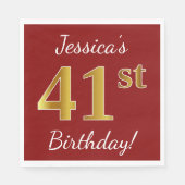 赤、フェイク金ゴールド41番目の誕生日+名前をカスタムする スタンダードランチョンナプキン (正面)