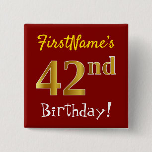 赤、フェイク金ゴールド42番目の誕生日、名前をカスタムする付き 缶バッジ