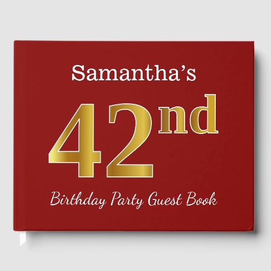 赤、フェイク金ゴールド42nd誕生日パーティー+名前をカスタムする ゲストブック (正面)