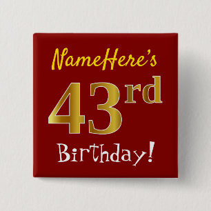 赤、フェイク金ゴールド43番目の誕生日、名前をカスタムする付き 缶バッジ
