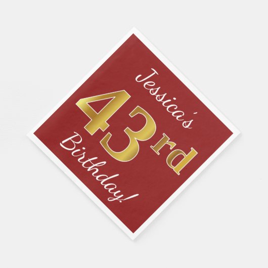 赤、フェイク金ゴールド43番目の誕生日+名前をカスタムする スタンダードランチョンナプキン (角)