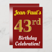 赤、フェイク金ゴールド43番目の誕生祝い+名前 招待状 (正面/裏面)