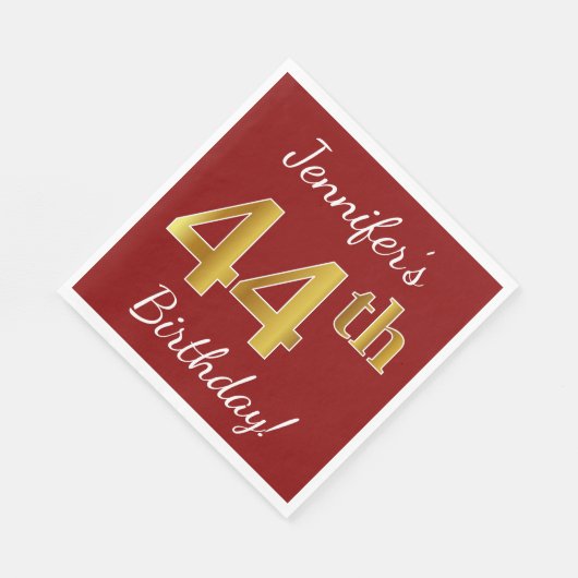 赤、フェイク金ゴールド44番目の誕生日+名前をカスタムする スタンダードランチョンナプキン (角)