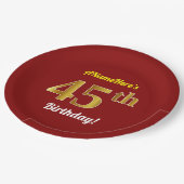 赤、フェイク金ゴールド45番目の誕生日+名前をカスタムする ペーパープレート (アングル)