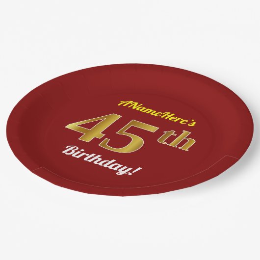 赤、フェイク金ゴールド45番目の誕生日+名前をカスタムする ペーパープレート (アングル)