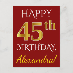 赤、フェイク金ゴールド45番目の誕生日+名前をカスタムする ポストカード