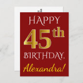 赤、フェイク金ゴールド45番目の誕生日+名前をカスタムする ポストカード (正面/裏面)