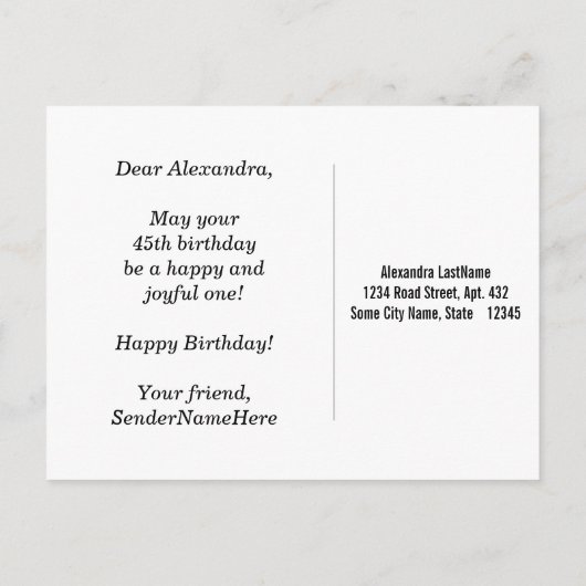 赤、フェイク金ゴールド45番目の誕生日+名前をカスタムする ポストカード (裏面)