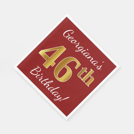 赤、フェイク金ゴールド46番目の誕生日+名前をカスタムする スタンダードランチョンナプキン (角)