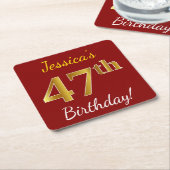 赤、フェイク金ゴールド47番目の誕生日+名前をカスタムする スクエアペーパーコースター (アングル)