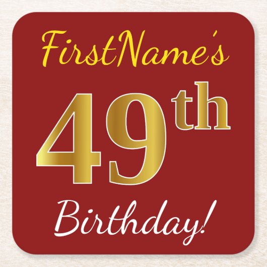 赤、フェイク金ゴールド49誕生日+名前をカスタムする スクエアペーパーコースター (正面)
