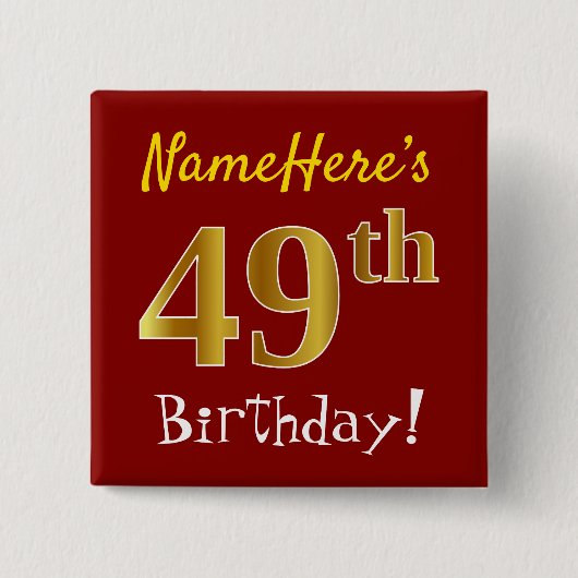 赤、フェイク金ゴールド49th誕生日、名前をカスタムする付き 缶バッジ (正面)