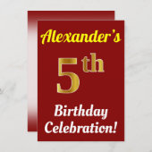 赤、フェイク金ゴールド5番目の誕生祝い+名前 招待状 (正面/裏面)