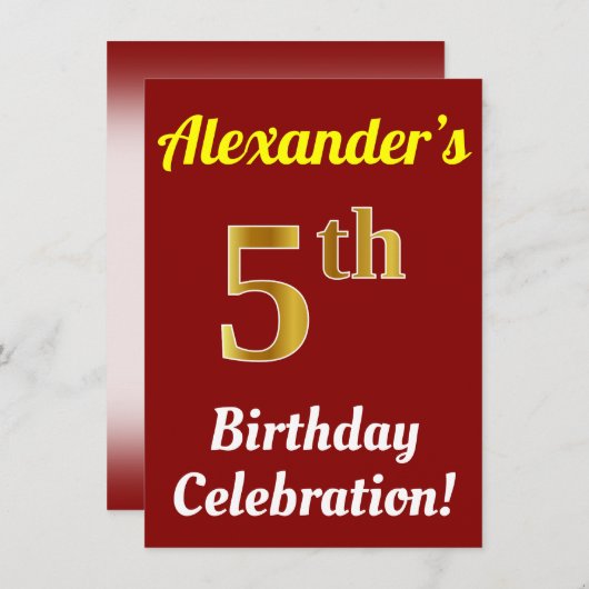 赤、フェイク金ゴールド5番目の誕生祝い+名前 招待状 (正面/裏面)