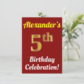 赤、フェイク金ゴールド5番目の誕生祝い+名前 招待状 (スタンド正面)