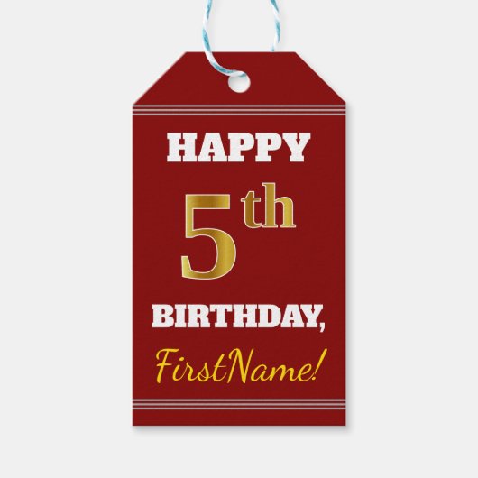 赤、フェイク金ゴールド5誕生日+名前をカスタムする ギフトタグ (正面)