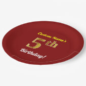 赤、フェイク金ゴールド5誕生日+名前をカスタムする ペーパープレート (アングル)