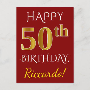 赤、フェイク金ゴールド50番目の誕生日+名前をカスタムする ポストカード