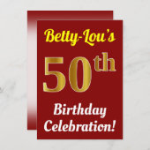 赤、フェイク金ゴールド50番目の誕生祝い+名前 招待状 (正面/裏面)