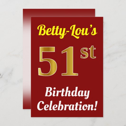 赤、フェイク金ゴールド51番目の誕生祝い+名前 招待状 (正面/裏面)