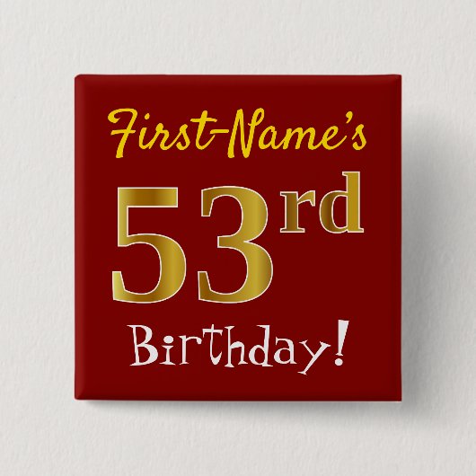 赤、フェイク金ゴールド53番目の誕生日、名前をカスタムする付き 缶バッジ (正面)