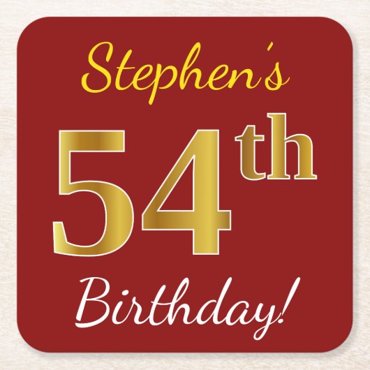 赤、フェイク金ゴールド54番目の誕生日+名前をカスタムする スクエアペーパーコースター (正面)