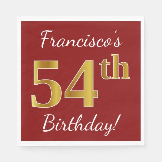 赤、フェイク金ゴールド54番目の誕生日+名前をカスタムする スタンダードランチョンナプキン (正面)