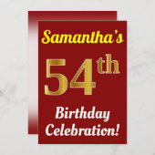 赤、フェイク金ゴールド54番目の誕生祝い+名前 招待状 (正面/裏面)