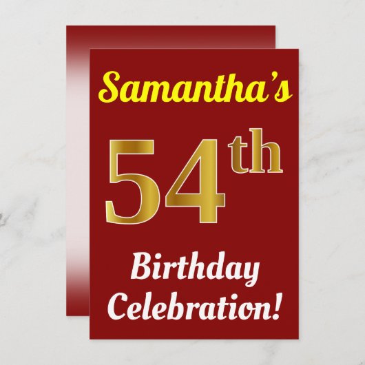 赤、フェイク金ゴールド54番目の誕生祝い+名前 招待状 (正面/裏面)