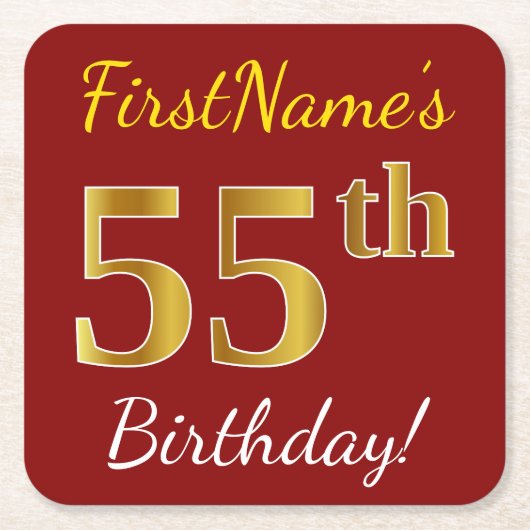 赤、フェイク金ゴールド55誕生日+名前をカスタムする スクエアペーパーコースター (正面)