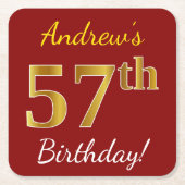 赤、フェイク金ゴールド57番目の誕生日+名前をカスタムする スクエアペーパーコースター (正面)