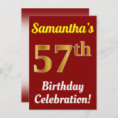 赤、フェイク金ゴールド57番目の誕生祝い+名前 招待状 (正面/裏面)
