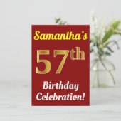 赤、フェイク金ゴールド57番目の誕生祝い+名前 招待状 (スタンド正面)