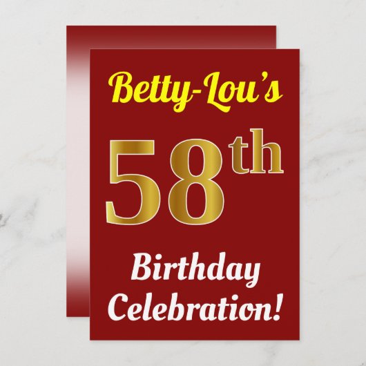 赤、フェイク金ゴールド58番目の誕生祝い+名前 招待状 (正面/裏面)