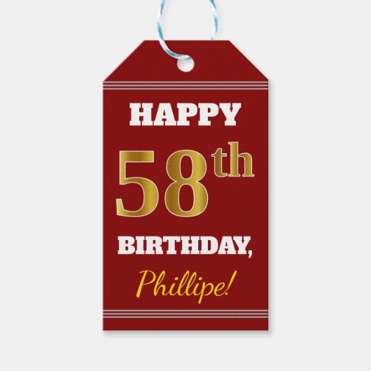 赤、フェイク金ゴールド58誕生日+名前をカスタムする ギフトタグ (正面)
