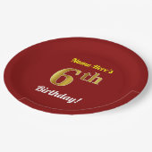 赤、フェイク金ゴールド6番目の誕生日+名前をカスタムする ペーパープレート (アングル)