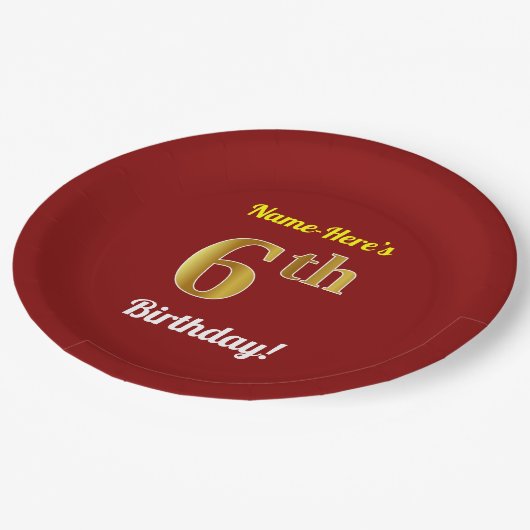 赤、フェイク金ゴールド6番目の誕生日+名前をカスタムする ペーパープレート (アングル)