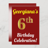 赤、フェイク金ゴールド6番目の誕生祝い+名前 招待状 (正面/裏面)