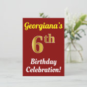 赤、フェイク金ゴールド6番目の誕生祝い+名前 招待状 (スタンド正面)