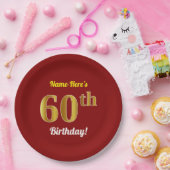 赤、フェイク金ゴールド60番目の誕生日+名前をカスタムする ペーパープレート (パーティー)